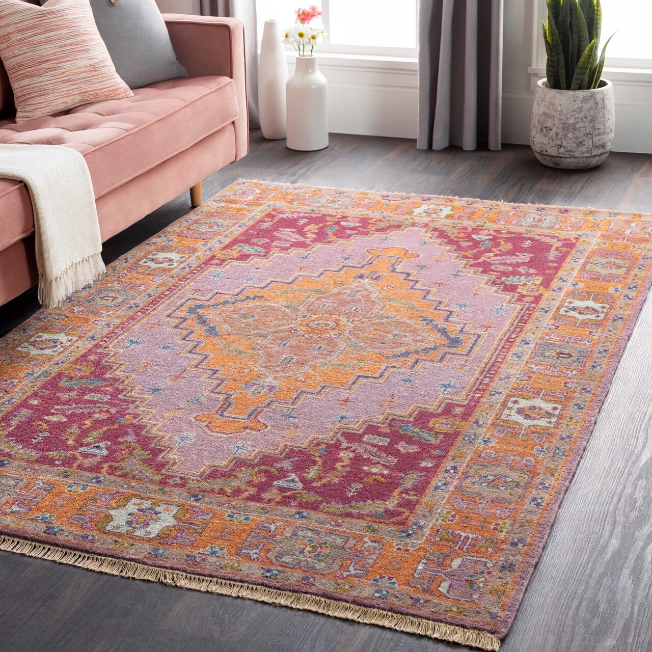 Diva At Home 8' x 11' Mediterranean Wonder Eggplant Purple and Orange Hand Knotted New Zealand Wool Area Throw Rug